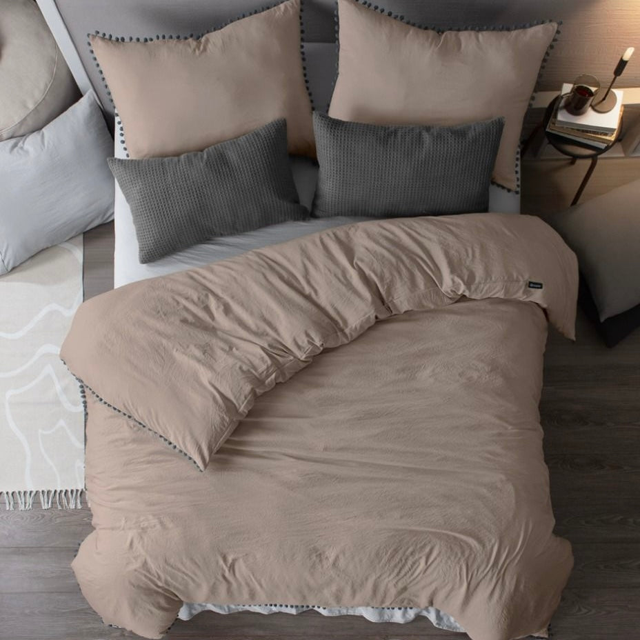 Set de Funda de Duvet Microfibra Linen-feel Pompoms
