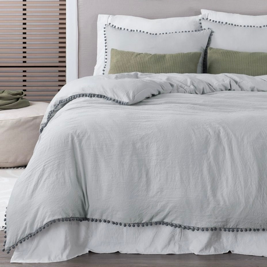 Set de Funda de Duvet Microfibra Linen-feel Pompoms