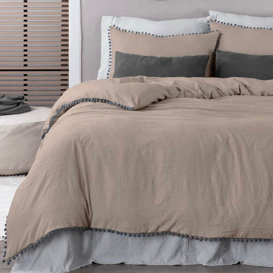 Set de Funda de Duvet Microfibra Linen-feel Pompoms