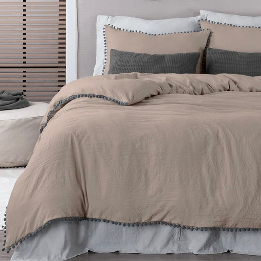 Set de Funda de Duvet Microfibra Linen-feel Pompoms
