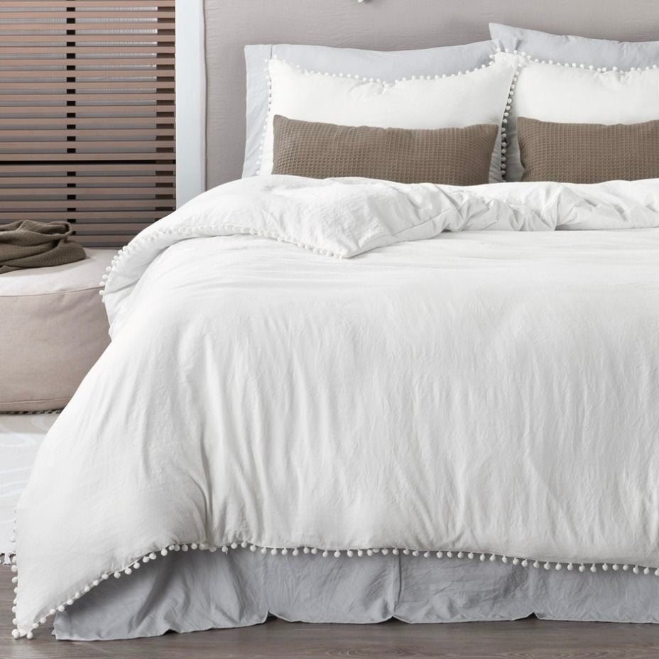 Set de Funda de Duvet Microfibra Linen-feel Pompoms