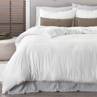 Set de Funda de Duvet Microfibra Linen-feel Pompoms