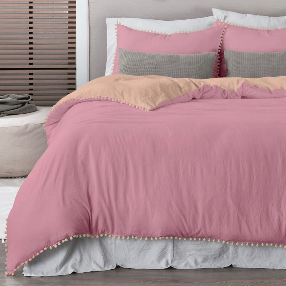 Set de Funda de Duvet Microfibra Linen-feel Pompoms